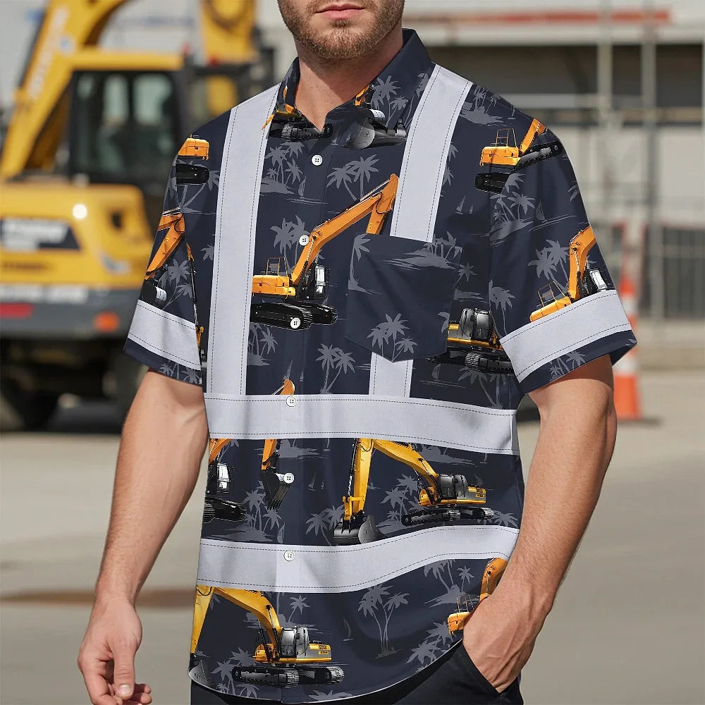 Hi Vis Hawaiian Shirt Reflective Tapes Dark Blue Excavator Custom Name Safety Workwear For Workers, Truckers, Operators, Company