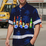 Hi Vis Hawaiian Shirt Reflective Tapes Dark Blue Flower Drink Tropical Cocktail Beer Print Custom Name Safety Workwear For Workers, Truckers, Operators
