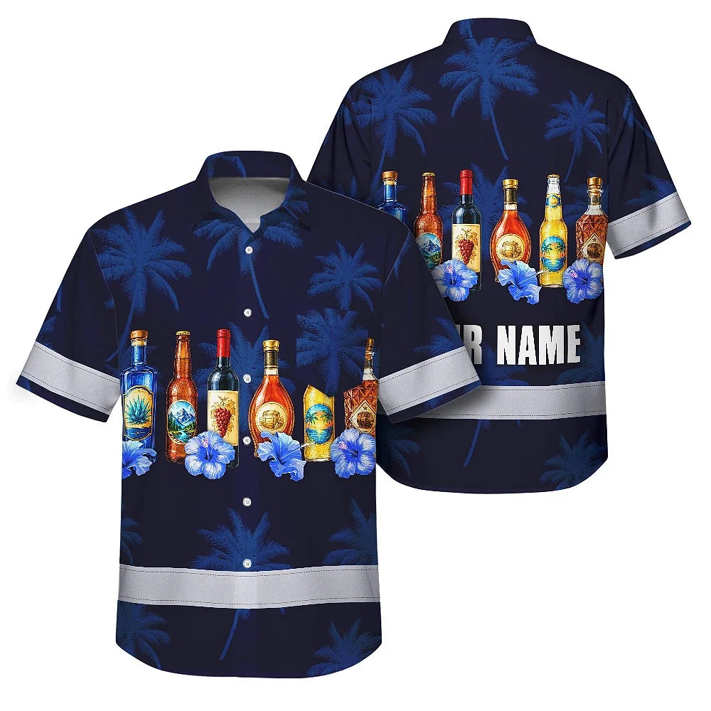 Hi Vis Hawaiian Shirt Reflective Tapes Dark Blue Flower Drink Tropical Cocktail Beer Print Custom Name Safety Workwear For Workers, Truckers, Operators