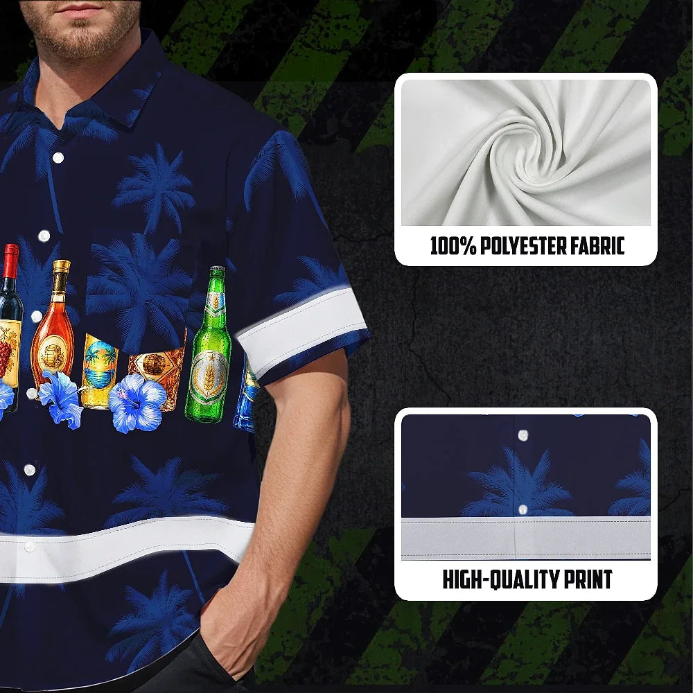 Hi Vis Hawaiian Shirt Reflective Tapes Dark Blue Flower Drink Tropical Cocktail Beer Print Custom Name Safety Workwear For Workers, Truckers, Operators