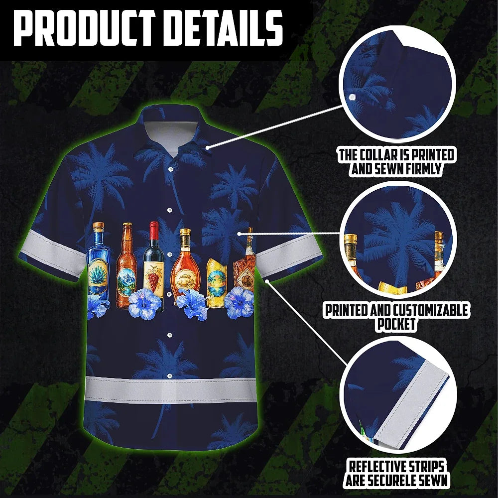 Hi Vis Hawaiian Shirt Reflective Tapes Dark Blue Flower Drink Tropical Cocktail Beer Print Custom Name Safety Workwear For Workers, Truckers, Operators