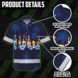 Hi Vis Hawaiian Shirt Reflective Tapes Dark Blue Flower Drink Tropical Cocktail Beer Print Custom Name Safety Workwear For Workers, Truckers, Operators
