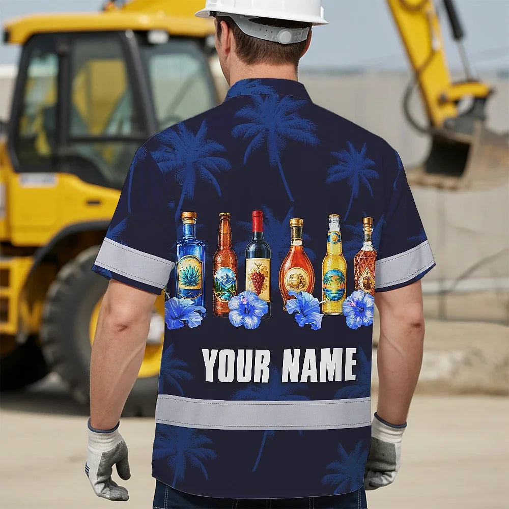 Hi Vis Hawaiian Shirt Reflective Tapes Dark Blue Flower Drink Tropical Cocktail Beer Print Custom Name Safety Workwear For Workers, Truckers, Operators