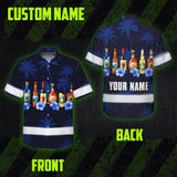 Hi Vis Hawaiian Shirt Reflective Tapes Dark Blue Flower Drink Tropical Cocktail Beer Print Custom Name Safety Workwear For Workers, Truckers, Operators