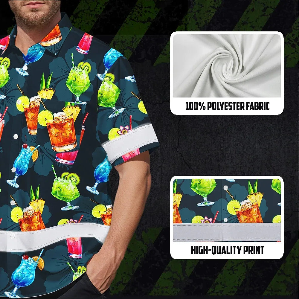Hi Vis Hawaiian Shirt Reflective Tapes Dark Green Drink Tropical Cocktail Beer Print Custom Name Safety Workwear For Workers, Truckers, Operators