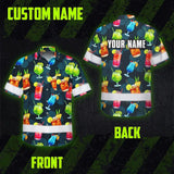 Hi Vis Hawaiian Shirt Reflective Tapes Dark Green Drink Tropical Cocktail Beer Print Custom Name Safety Workwear For Workers, Truckers, Operators