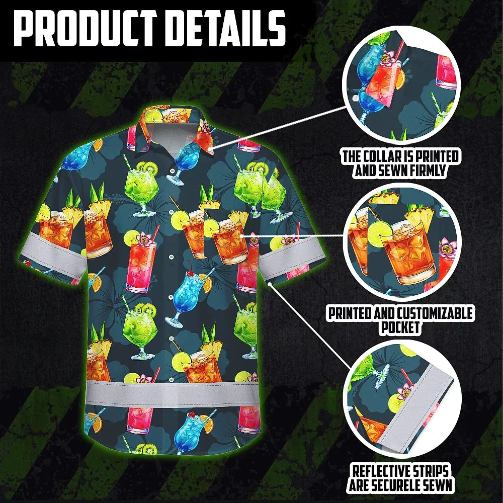Hi Vis Hawaiian Shirt Reflective Tapes Dark Green Drink Tropical Cocktail Beer Print Custom Name Safety Workwear For Workers, Truckers, Operators