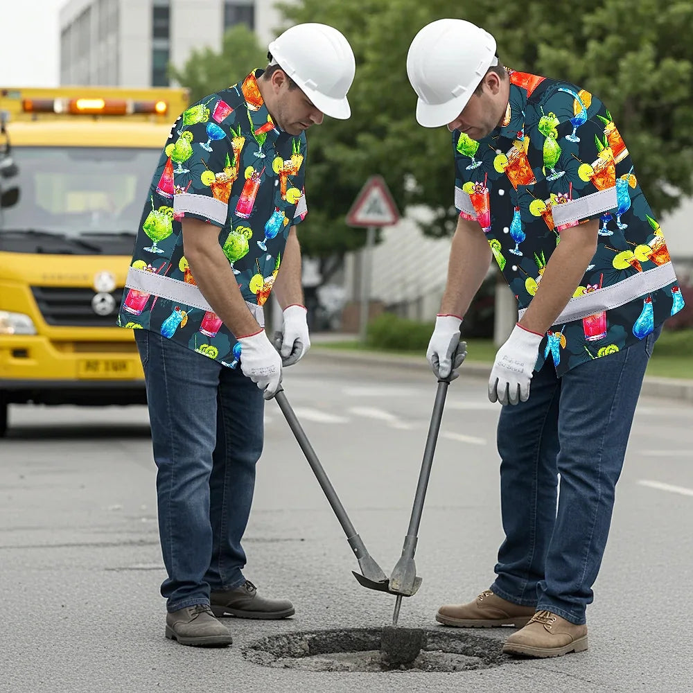 Hi Vis Hawaiian Shirt Reflective Tapes Dark Green Drink Tropical Cocktail Beer Print Custom Name Safety Workwear For Workers, Truckers, Operators