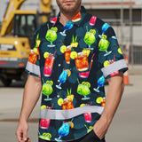Hi Vis Hawaiian Shirt Reflective Tapes Dark Green Drink Tropical Cocktail Beer Print Custom Name Safety Workwear For Workers, Truckers, Operators