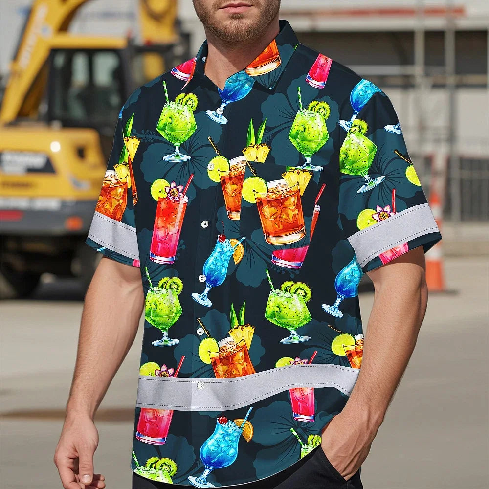 Hi Vis Hawaiian Shirt Reflective Tapes Dark Green Drink Tropical Cocktail Beer Print Custom Name Safety Workwear For Workers, Truckers, Operators