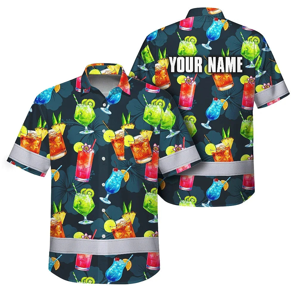 Hi Vis Hawaiian Shirt Reflective Tapes Dark Green Drink Tropical Cocktail Beer Print Custom Name Safety Workwear For Workers, Truckers, Operators