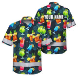 Hi Vis Hawaiian Shirt Reflective Tapes Dark Green Drink Tropical Cocktail Beer Print Custom Name Safety Workwear For Workers, Truckers, Operators