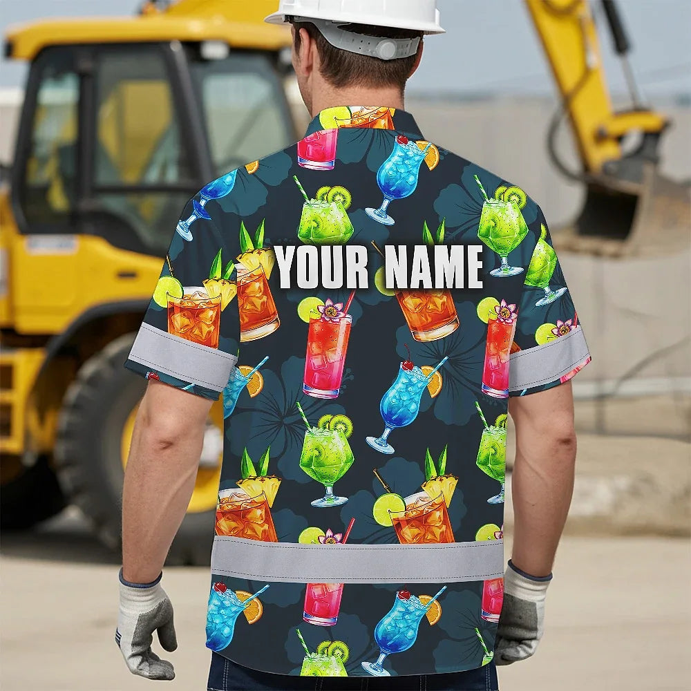 Hi Vis Hawaiian Shirt Reflective Tapes Dark Green Drink Tropical Cocktail Beer Print Custom Name Safety Workwear For Workers, Truckers, Operators