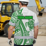 Hi Vis Hawaiian Shirt Reflective Tapes Dark Green Neon Polynesian Turtle Custom Name Safety Workwear For Workers, Truckers, Operators