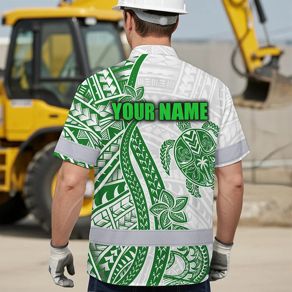 Hi Vis Hawaiian Shirt Reflective Tapes Dark Green Neon Polynesian Turtle Custom Name Safety Workwear For Workers, Truckers, Operators