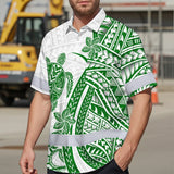 Hi Vis Hawaiian Shirt Reflective Tapes Dark Green Neon Polynesian Turtle Custom Name Safety Workwear For Workers, Truckers, Operators