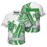 Hi Vis Hawaiian Shirt Reflective Tapes Dark Green Neon Polynesian Turtle Custom Name Safety Workwear For Workers, Truckers, Operators