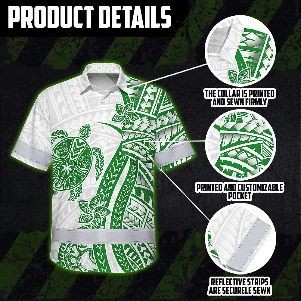 Hi Vis Hawaiian Shirt Reflective Tapes Dark Green Neon Polynesian Turtle Custom Name Safety Workwear For Workers, Truckers, Operators