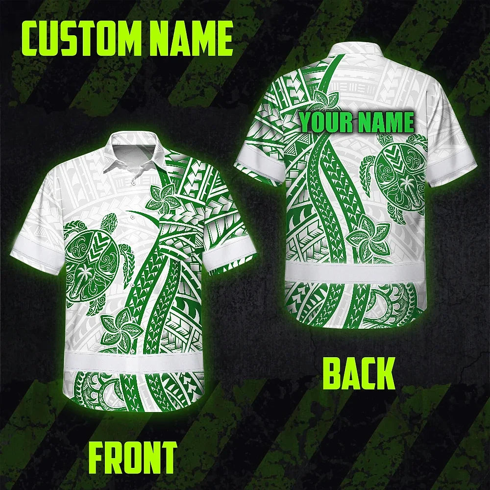 Hi Vis Hawaiian Shirt Reflective Tapes Dark Green Neon Polynesian Turtle Custom Name Safety Workwear For Workers, Truckers, Operators
