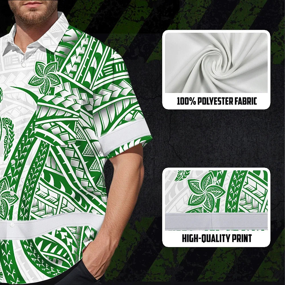 Hi Vis Hawaiian Shirt Reflective Tapes Dark Green Neon Polynesian Turtle Custom Name Safety Workwear For Workers, Truckers, Operators