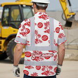 Hi Vis Hawaiian Shirt Reflective Tapes Dark Red And Flowers Custom Name And Logo Safety Workwear For Workers, Truckers, Operators, Company