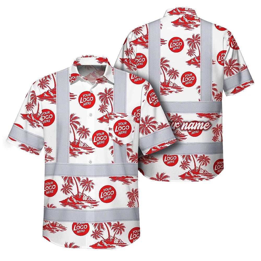 Hi Vis Hawaiian Shirt Reflective Tapes Dark Red And Flowers Custom Name And Logo Safety Workwear For Workers, Truckers, Operators, Company