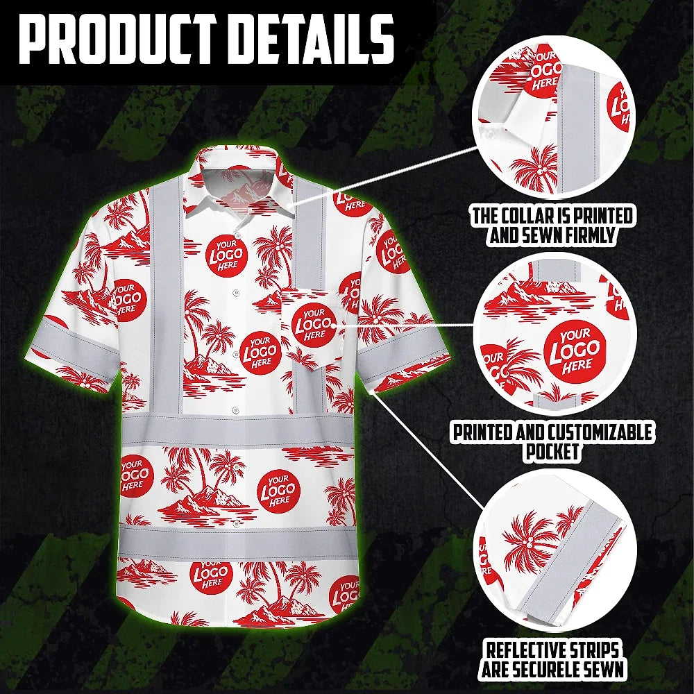 Hi Vis Hawaiian Shirt Reflective Tapes Dark Red And Flowers Custom Name And Logo Safety Workwear For Workers, Truckers, Operators, Company