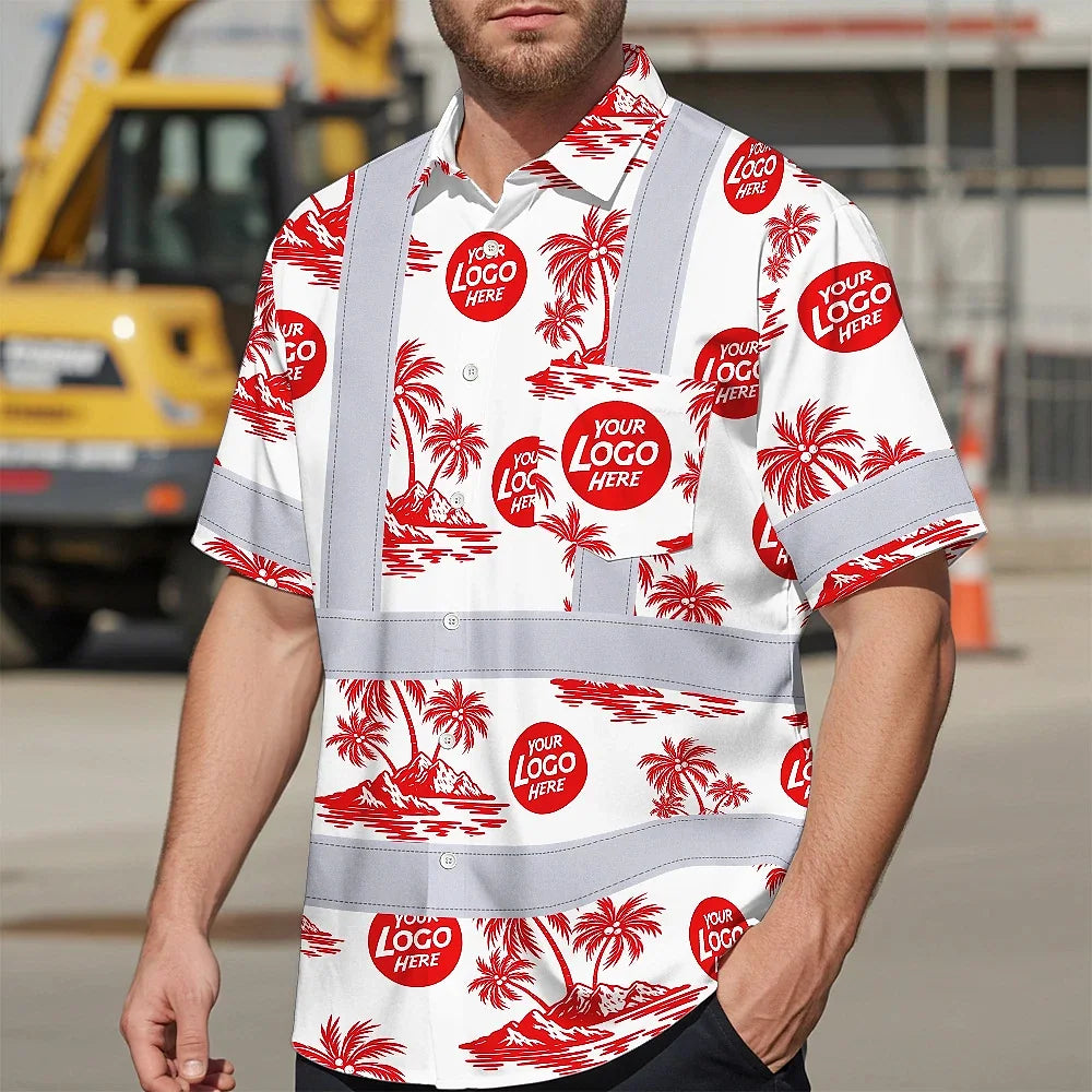 Hi Vis Hawaiian Shirt Reflective Tapes Dark Red And Flowers Custom Name And Logo Safety Workwear For Workers, Truckers, Operators, Company
