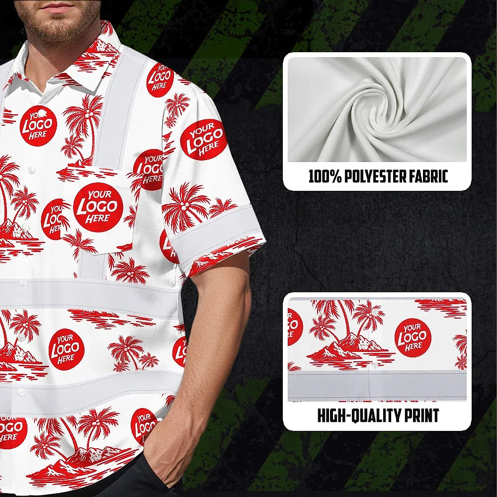 Hi Vis Hawaiian Shirt Reflective Tapes Dark Red And Flowers Custom Name And Logo Safety Workwear For Workers, Truckers, Operators, Company