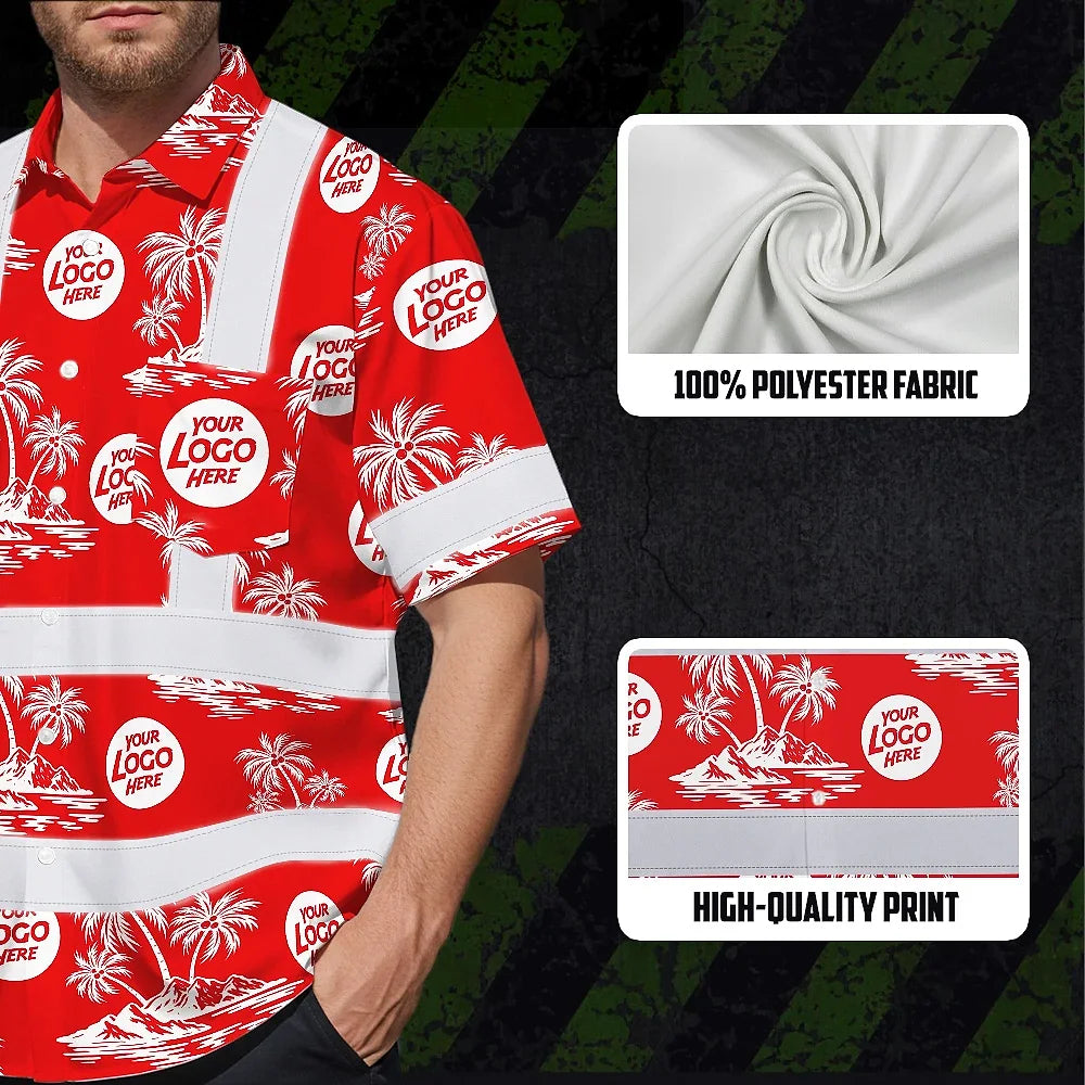 Hi Vis Hawaiian Shirt Reflective Tapes Dark Red And White Flowers Custom Name And Logo Safety Workwear For Workers, Truckers, Operators, Company