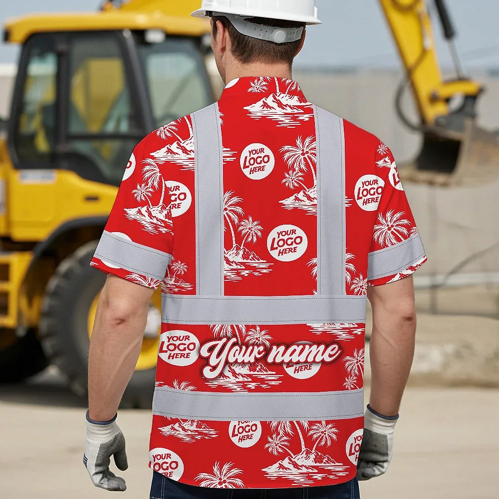 Hi Vis Hawaiian Shirt Reflective Tapes Dark Red And White Flowers Custom Name And Logo Safety Workwear For Workers, Truckers, Operators, Company