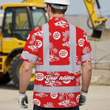 Hi Vis Hawaiian Shirt Reflective Tapes Dark Red And White Flowers Custom Name And Logo Safety Workwear For Workers, Truckers, Operators, Company