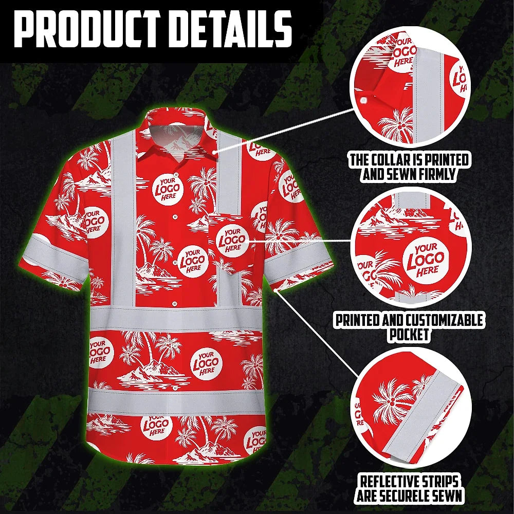 Hi Vis Hawaiian Shirt Reflective Tapes Dark Red And White Flowers Custom Name And Logo Safety Workwear For Workers, Truckers, Operators, Company