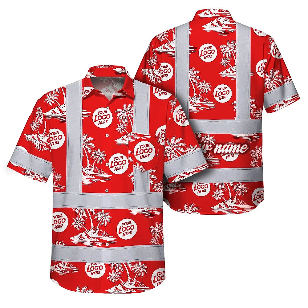 Hi Vis Hawaiian Shirt Reflective Tapes Dark Red And White Flowers Custom Name And Logo Safety Workwear For Workers, Truckers, Operators, Company