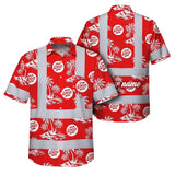 Hi Vis Hawaiian Shirt Reflective Tapes Dark Red And White Flowers Custom Name And Logo Safety Workwear For Workers, Truckers, Operators, Company