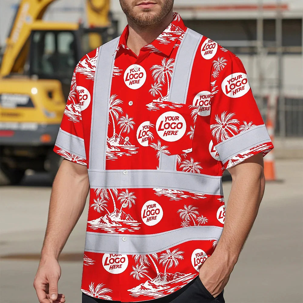 Hi Vis Hawaiian Shirt Reflective Tapes Dark Red And White Flowers Custom Name And Logo Safety Workwear For Workers, Truckers, Operators, Company