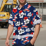 Hi Vis Hawaiian Shirt Reflective Tapes Eagle US Flag Flower  Custom Name Safety Workwear For Workers, Truckers, Operators