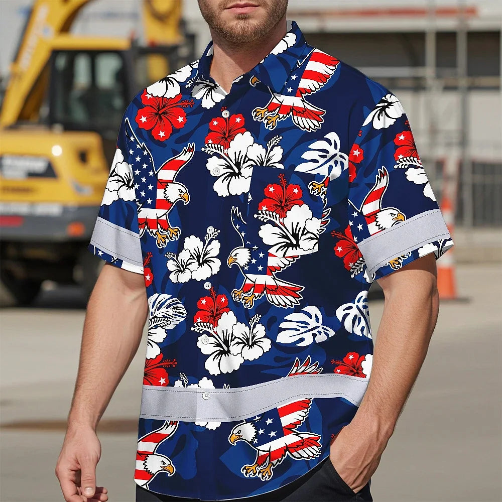 Hi Vis Hawaiian Shirt Reflective Tapes Eagle US Flag Flower  Custom Name Safety Workwear For Workers, Truckers, Operators