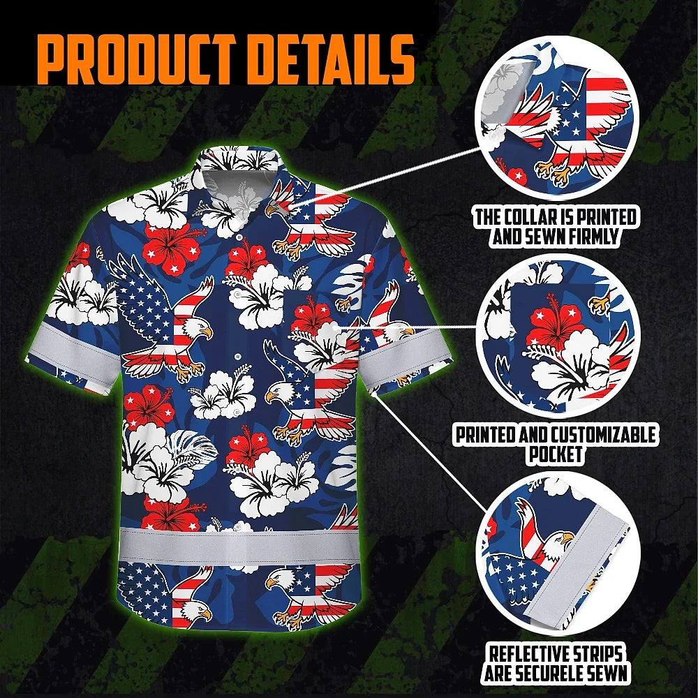 Hi Vis Hawaiian Shirt Reflective Tapes Eagle US Flag Flower  Custom Name Safety Workwear For Workers, Truckers, Operators