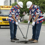 Hi Vis Hawaiian Shirt Reflective Tapes Eagle US Flag Flower  Custom Name Safety Workwear For Workers, Truckers, Operators