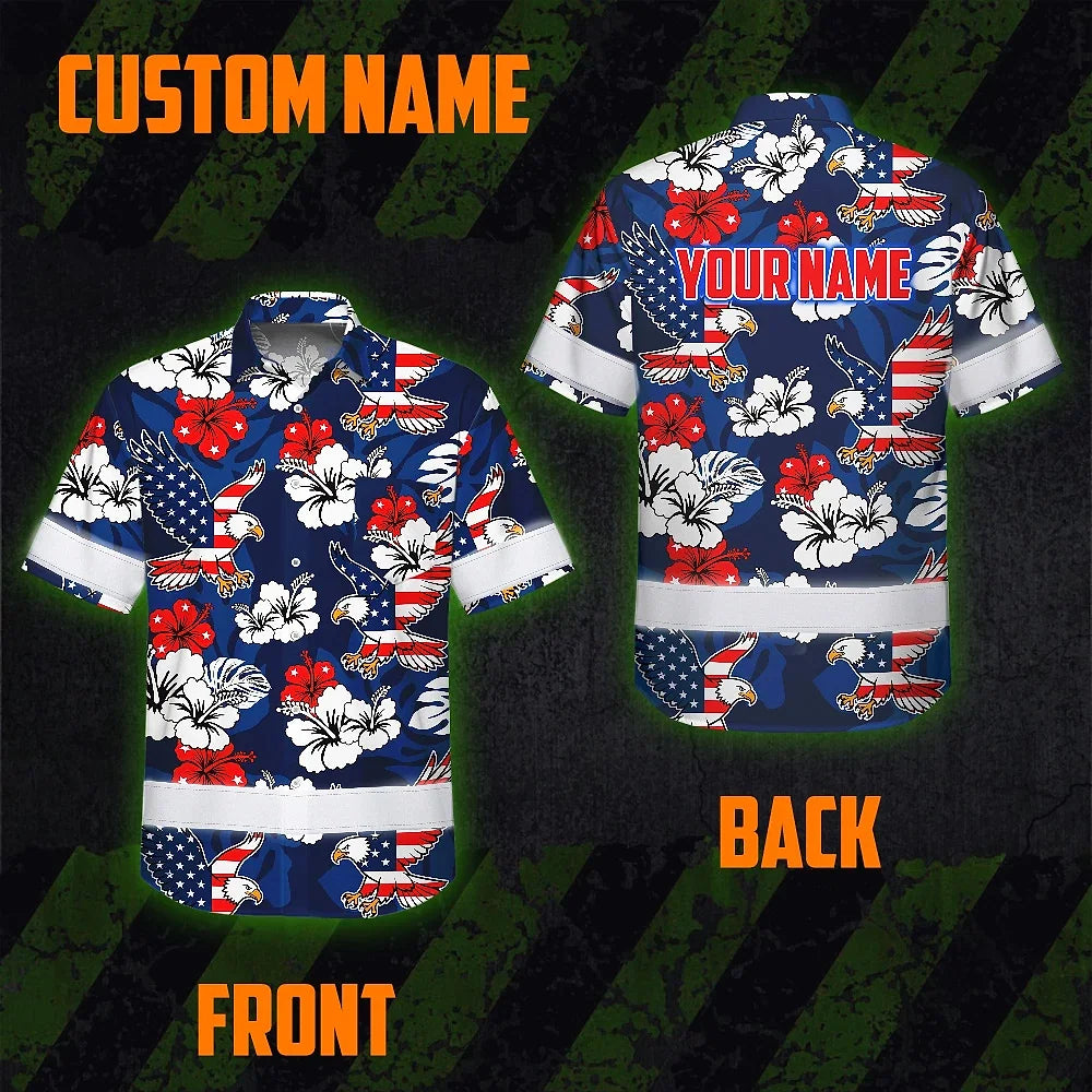 Hi Vis Hawaiian Shirt Reflective Tapes Eagle US Flag Flower  Custom Name Safety Workwear For Workers, Truckers, Operators