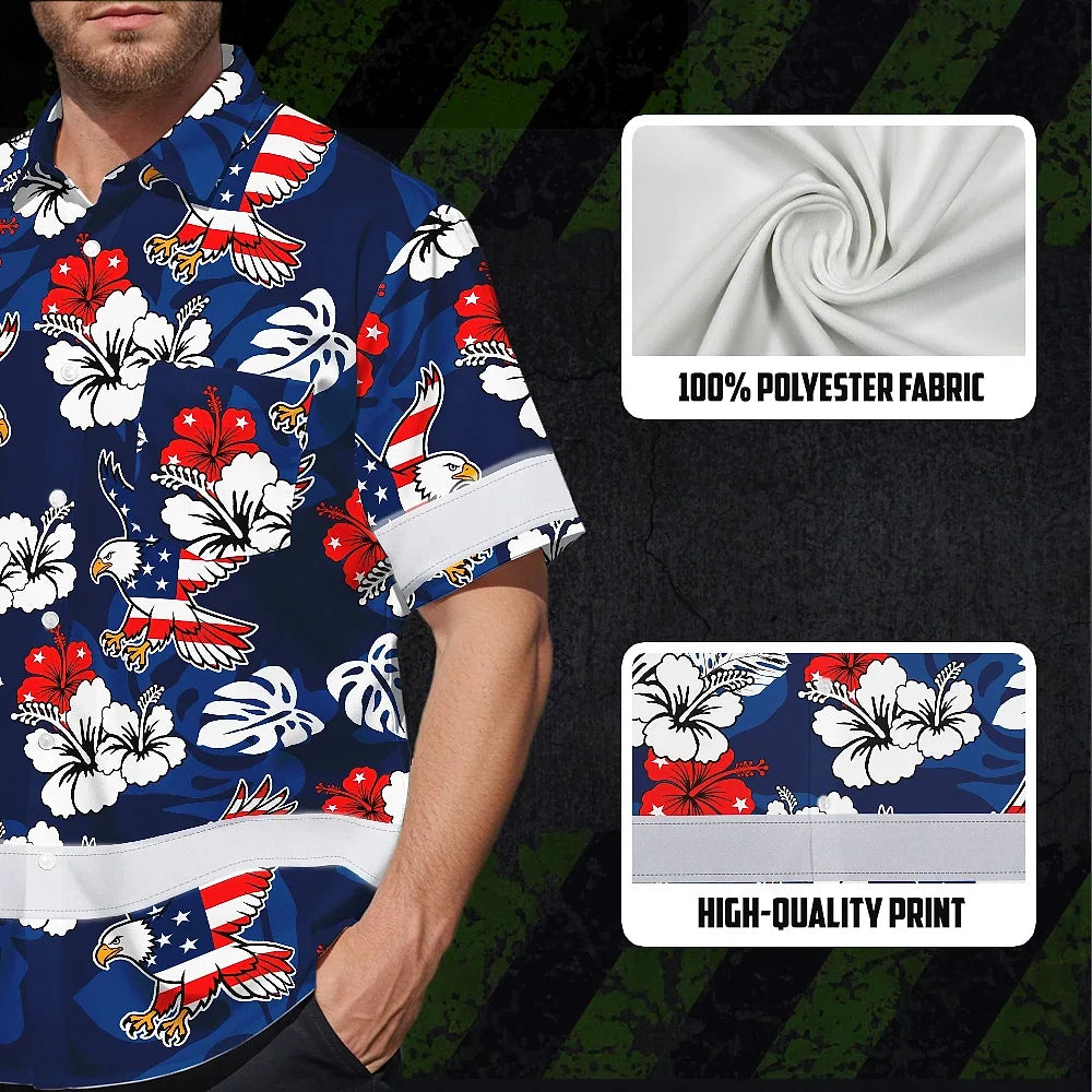 Hi Vis Hawaiian Shirt Reflective Tapes Eagle US Flag Flower  Custom Name Safety Workwear For Workers, Truckers, Operators