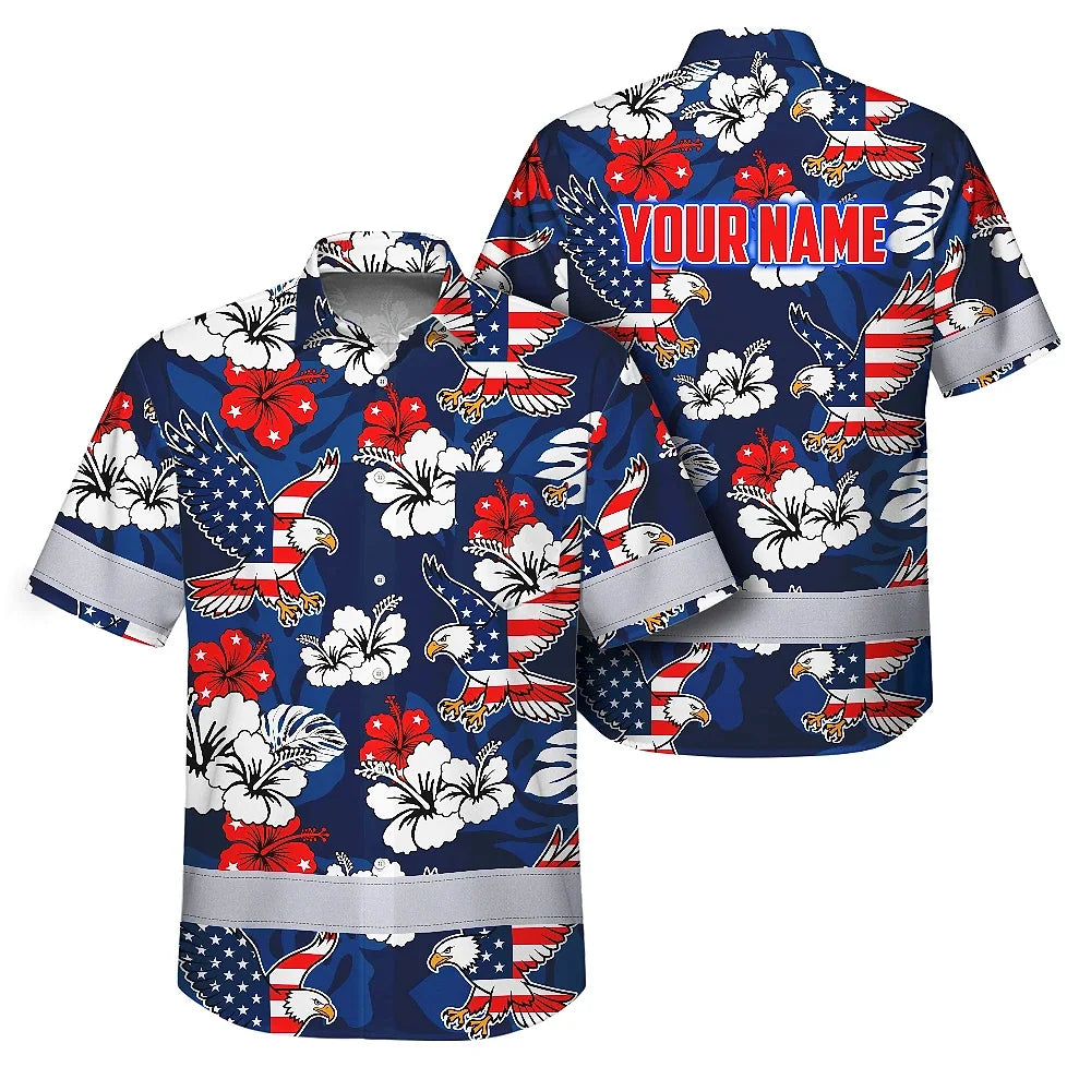 Hi Vis Hawaiian Shirt Reflective Tapes Eagle US Flag Flower  Custom Name Safety Workwear For Workers, Truckers, Operators