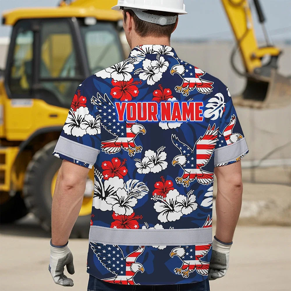 Hi Vis Hawaiian Shirt Reflective Tapes Eagle US Flag Flower  Custom Name Safety Workwear For Workers, Truckers, Operators
