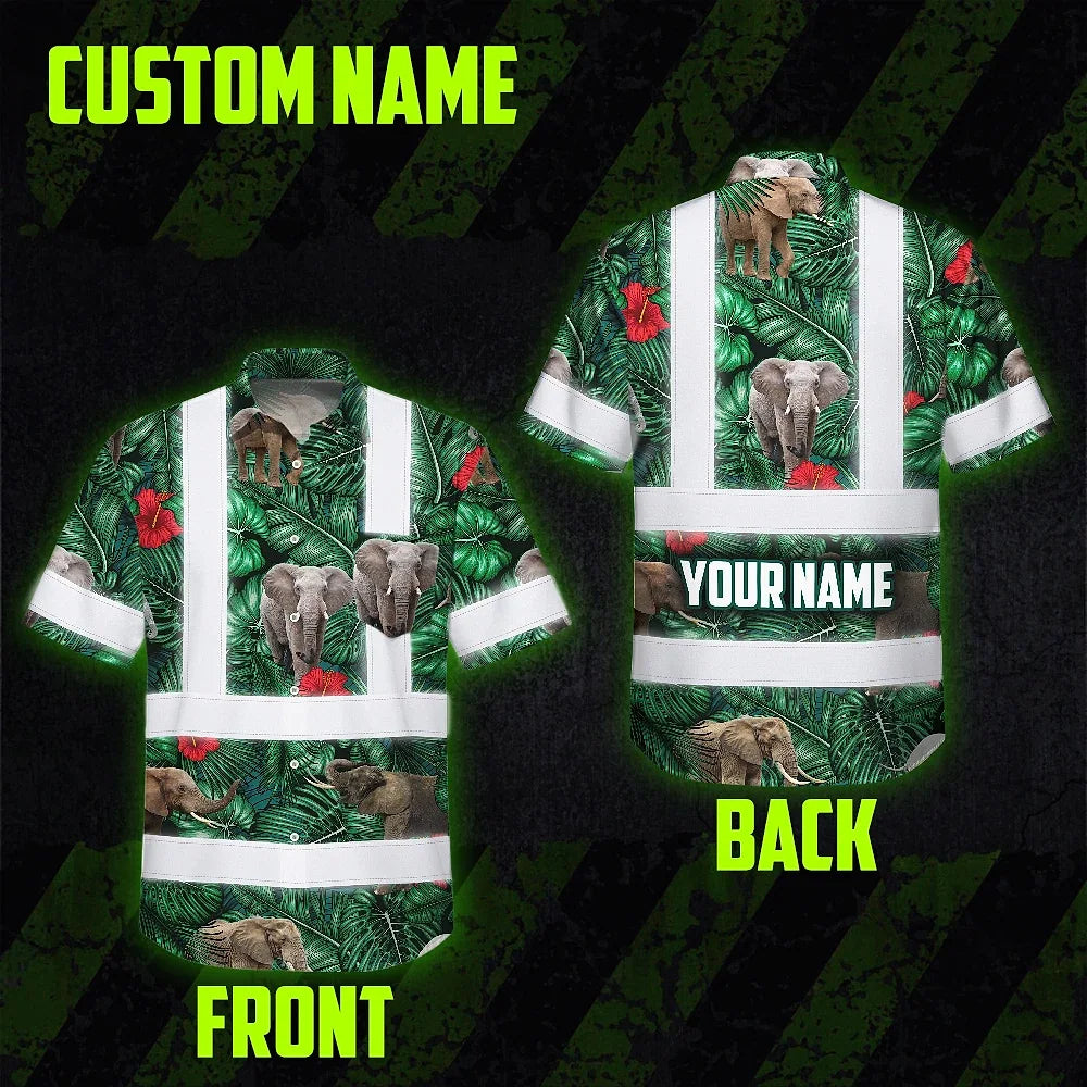 Hi Vis Hawaiian Shirt Reflective Tapes Elephant Flowers Custom Name Safety Workwear For Workers, Truckers, Operators