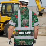 Hi Vis Hawaiian Shirt Reflective Tapes Elephant Flowers Custom Name Safety Workwear For Workers, Truckers, Operators