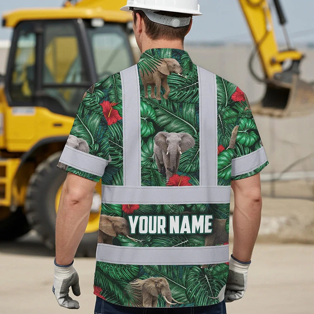 Hi Vis Hawaiian Shirt Reflective Tapes Elephant Flowers Custom Name Safety Workwear For Workers, Truckers, Operators