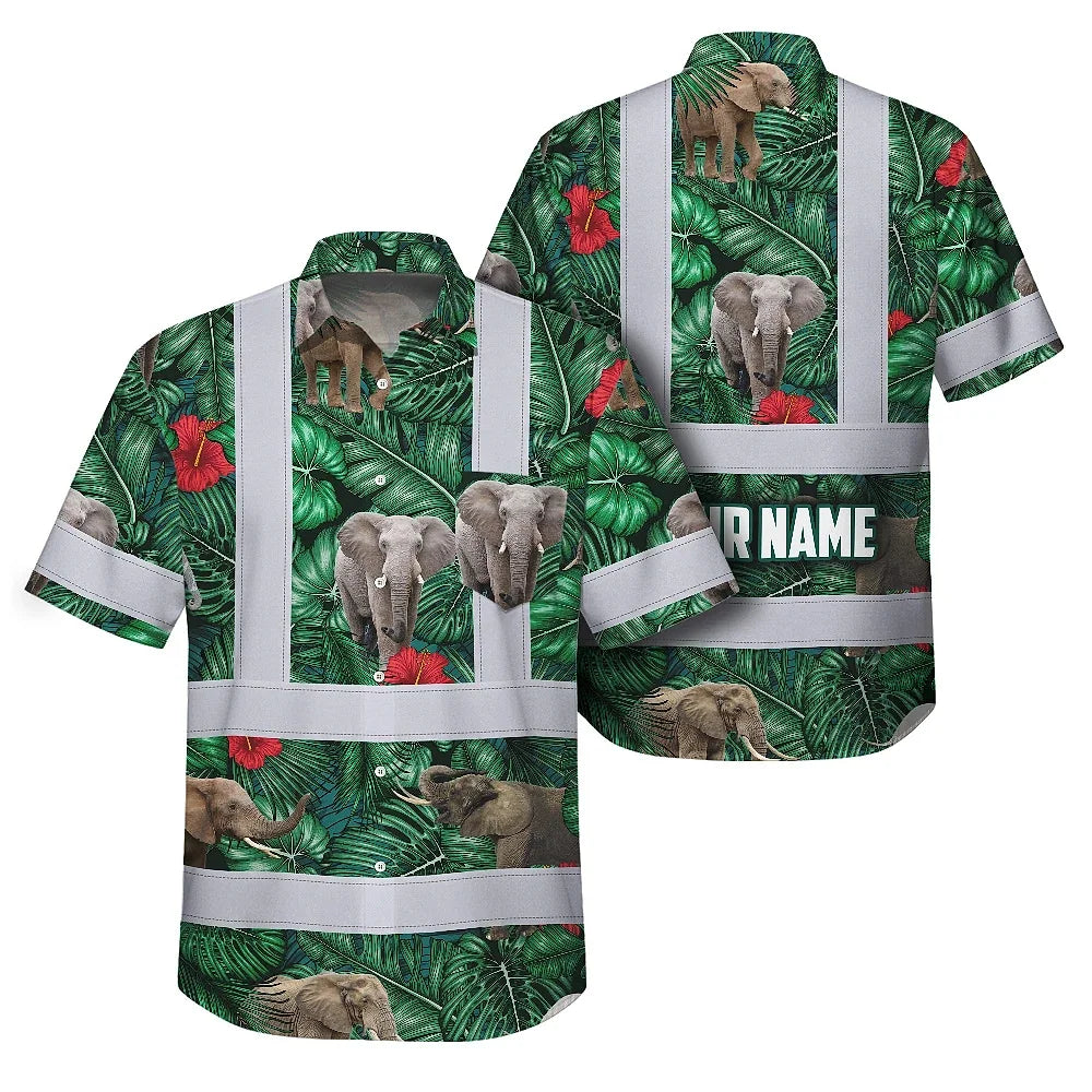 Hi Vis Hawaiian Shirt Reflective Tapes Elephant Flowers Custom Name Safety Workwear For Workers, Truckers, Operators