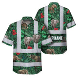 Hi Vis Hawaiian Shirt Reflective Tapes Elephant Flowers Custom Name Safety Workwear For Workers, Truckers, Operators