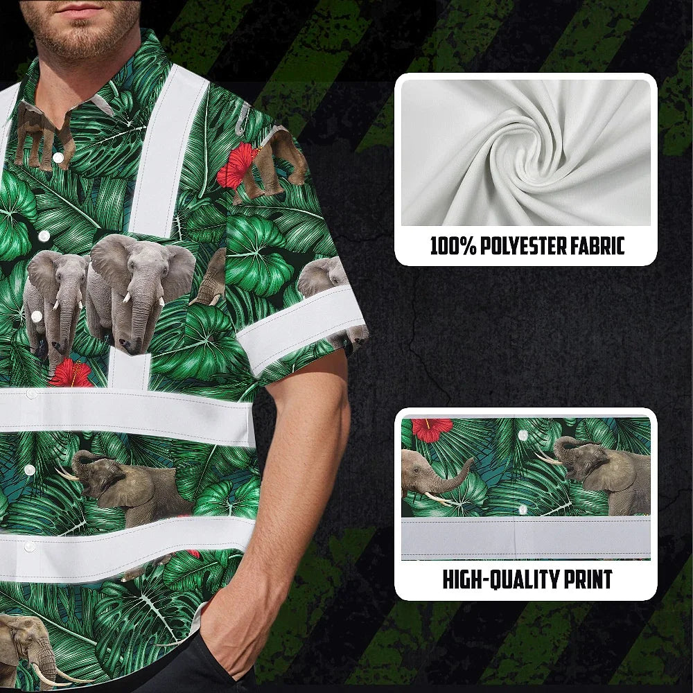 Hi Vis Hawaiian Shirt Reflective Tapes Elephant Flowers Custom Name Safety Workwear For Workers, Truckers, Operators
